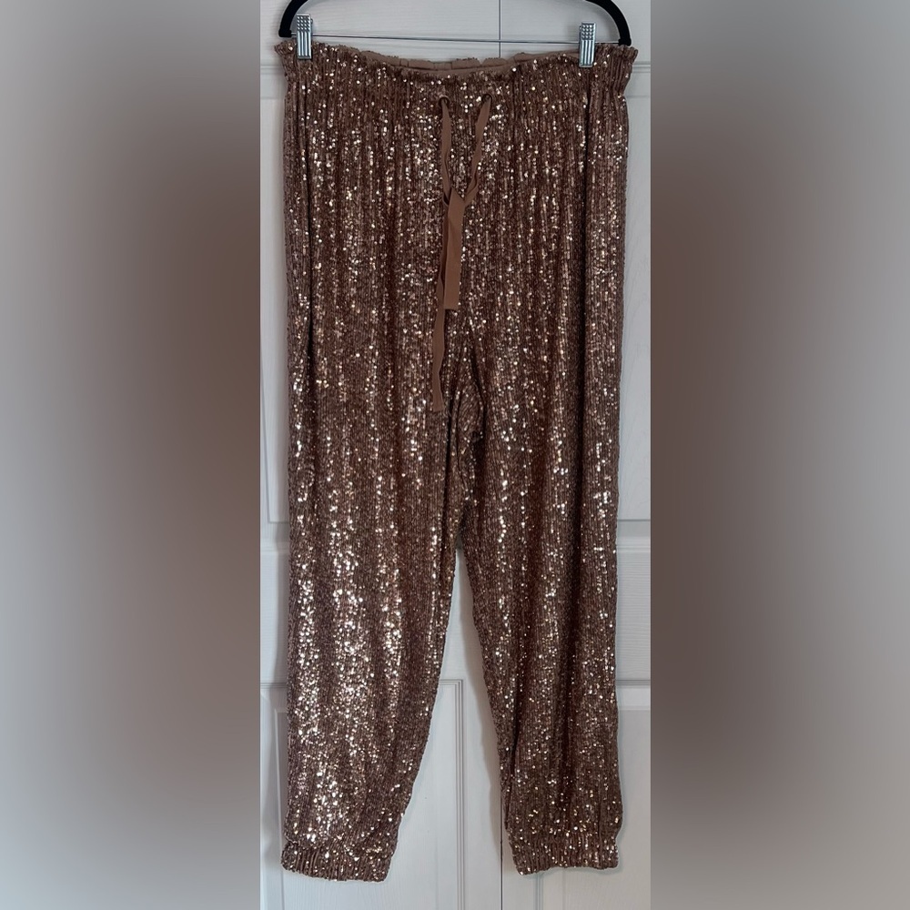 Free People Night Moves Rose Gold Sequin Drawstring Harem Pants
